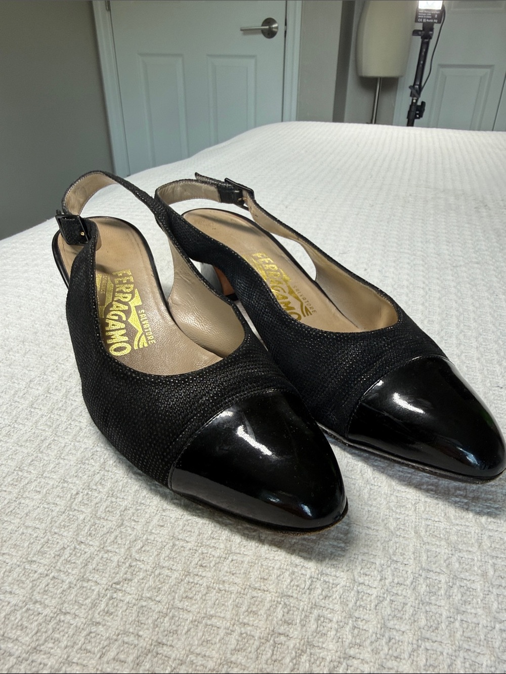 Salvatore Ferragamo black patent leather toe sling back low heels size 8.5B
